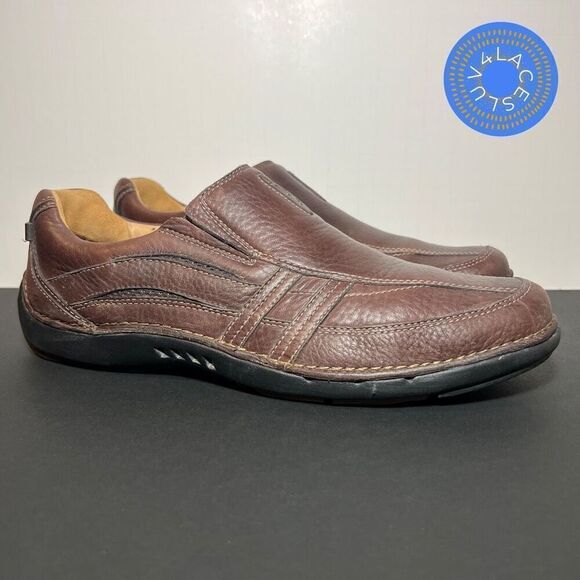 Mens CLARKS Unstructured Brown Leather Slip On Casual Shoes / Size 9.5 Medium - Picture 1 of 8